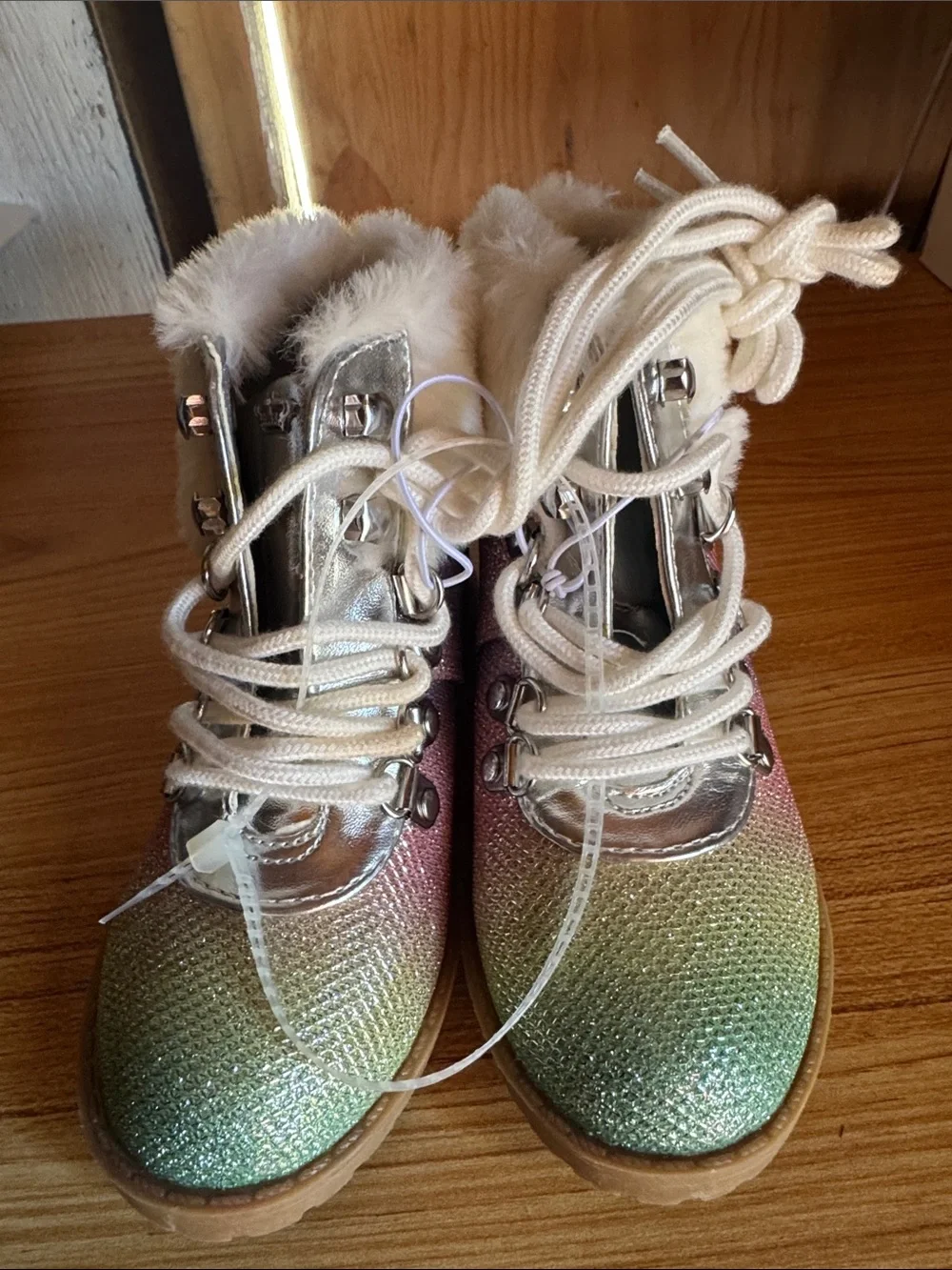 Juicy Couture Girls Iridescent Glitter Lace-Up Boots - Pink, Green, Silver